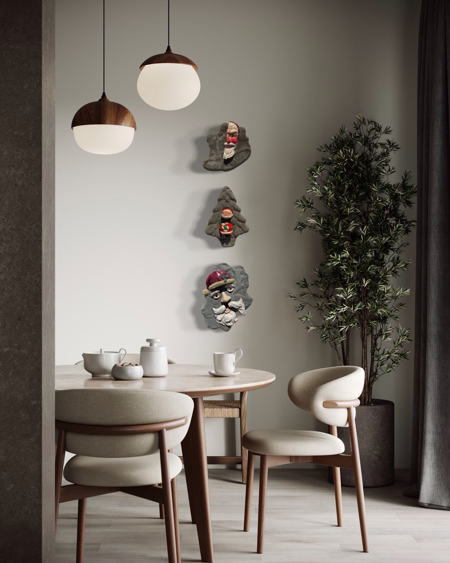 "Spring-Loaded Santa": Bobble Head Santa on Evergreen Tree Wall Sculpture