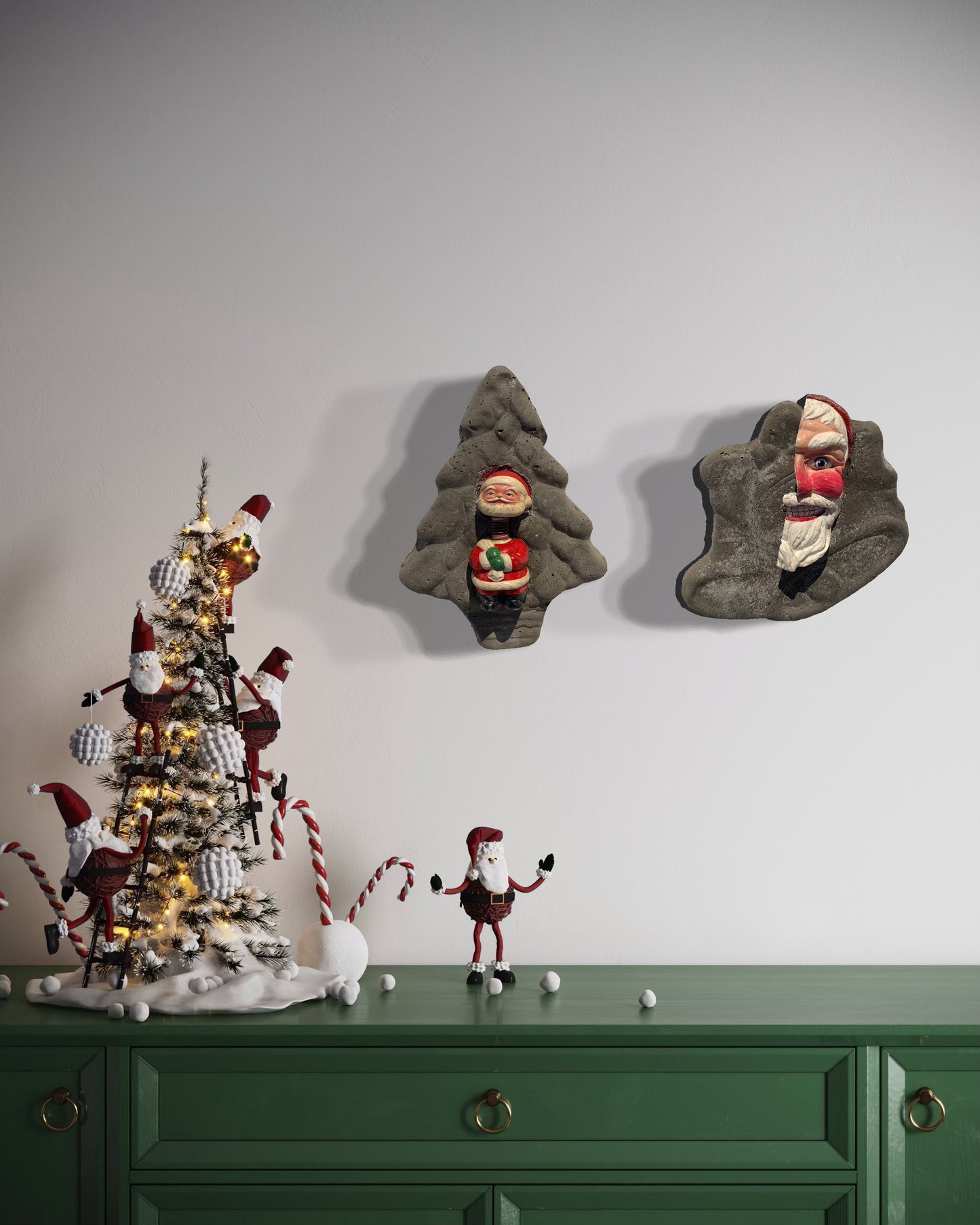 "Spring-Loaded Santa": Bobble Head Santa on Evergreen Tree Wall Sculpture