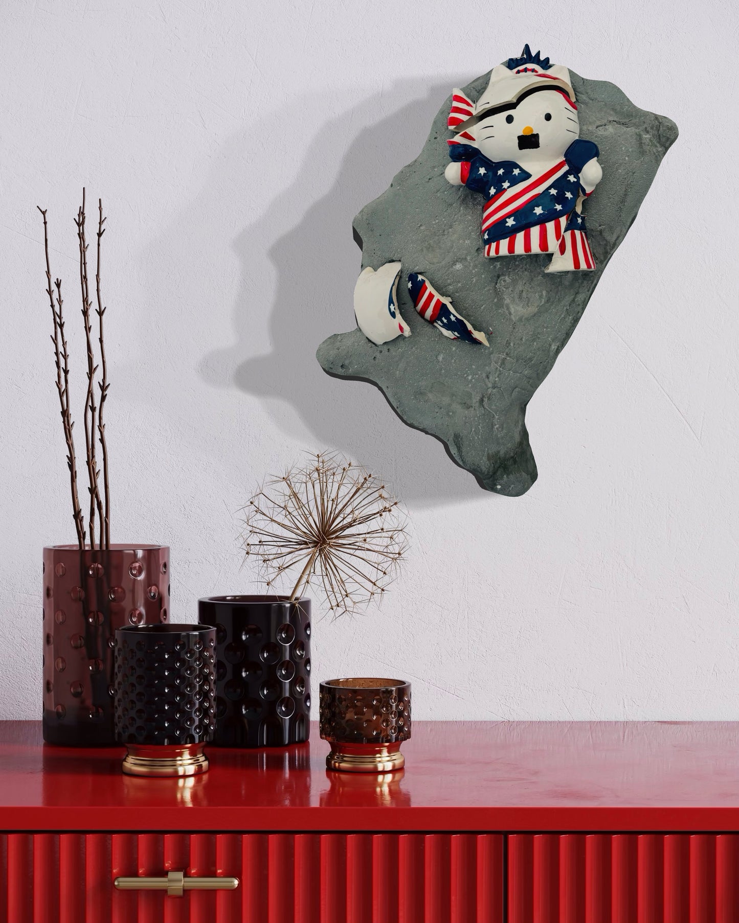 “Kitty Corrupted”: Mustachioed Hello Kitty White on USA Wall Sculpture