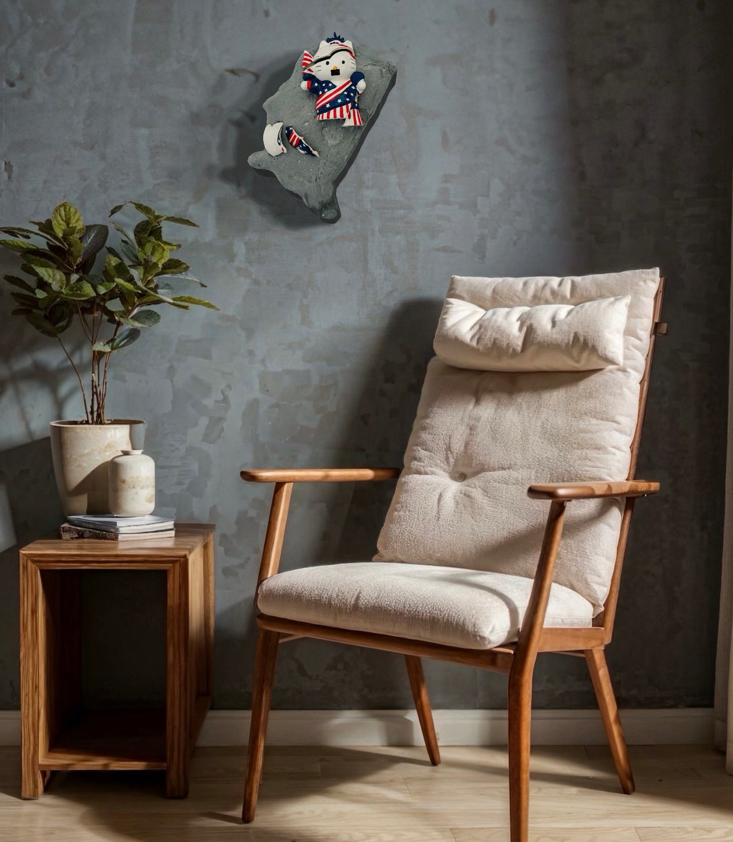 “Kitty Corrupted”: Mustachioed Hello Kitty White on USA Wall Sculpture