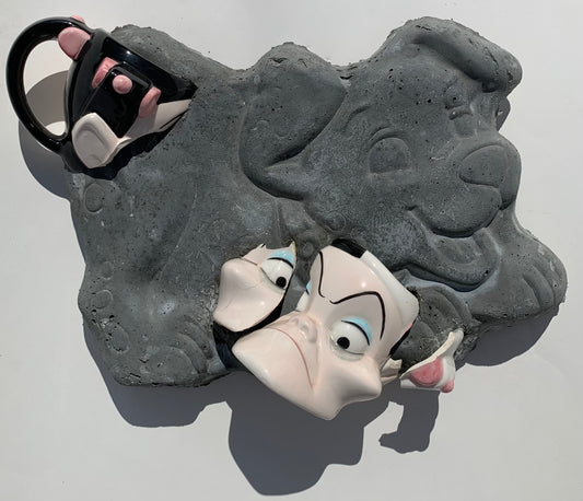 "Not Sweet on PEET": Cruella de Vil on Dalmatian Puppy Wall Sculpture