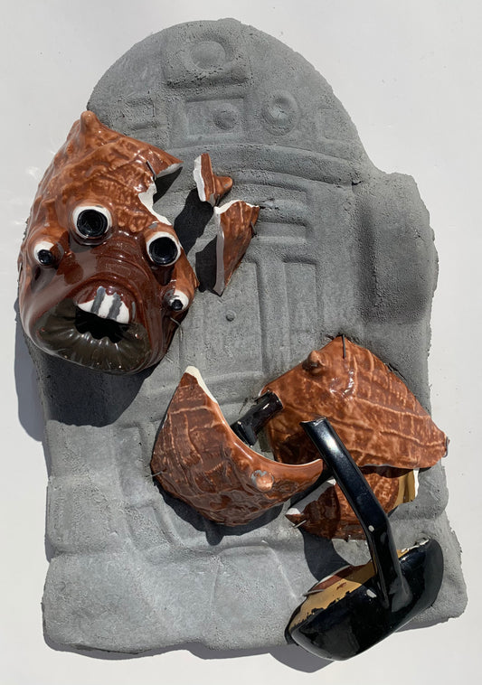 "Tatooine Trouble": Tusken Raider on R2D2 Wall Sculpture
