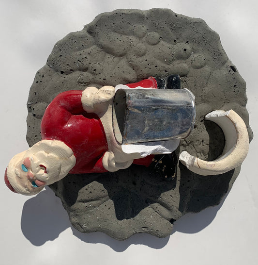 "Toys or Trash?" Toy Sack Santa on Wreath Wall Sculpture