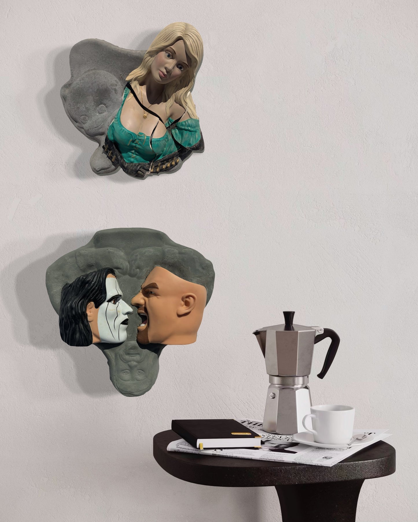 "Bad News": Blonde Woman on Crawling Baby Wall Sculpture