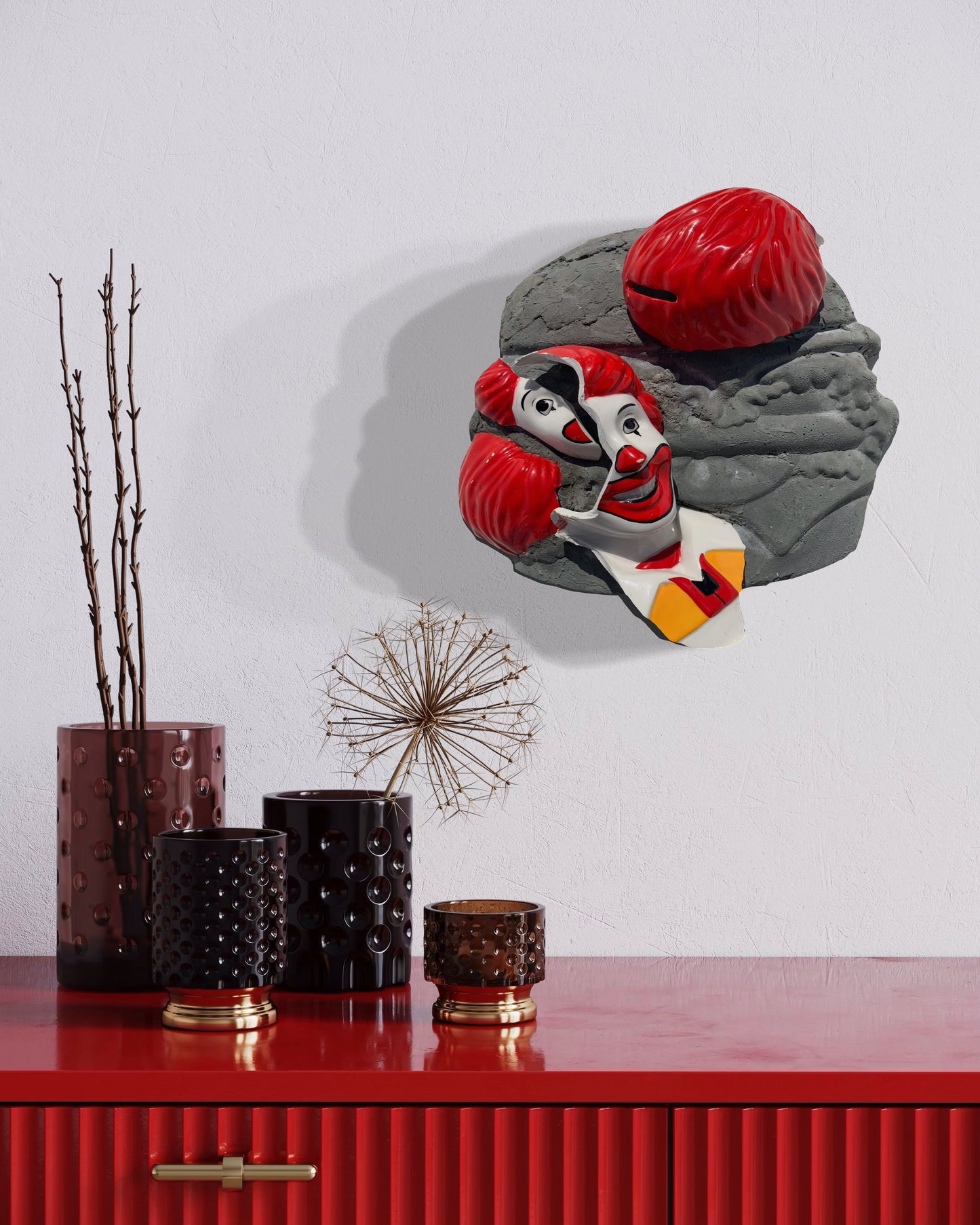 "Ronald's Unhappy Meal": Ronald McDonald on Hamburger Wall Sculpture