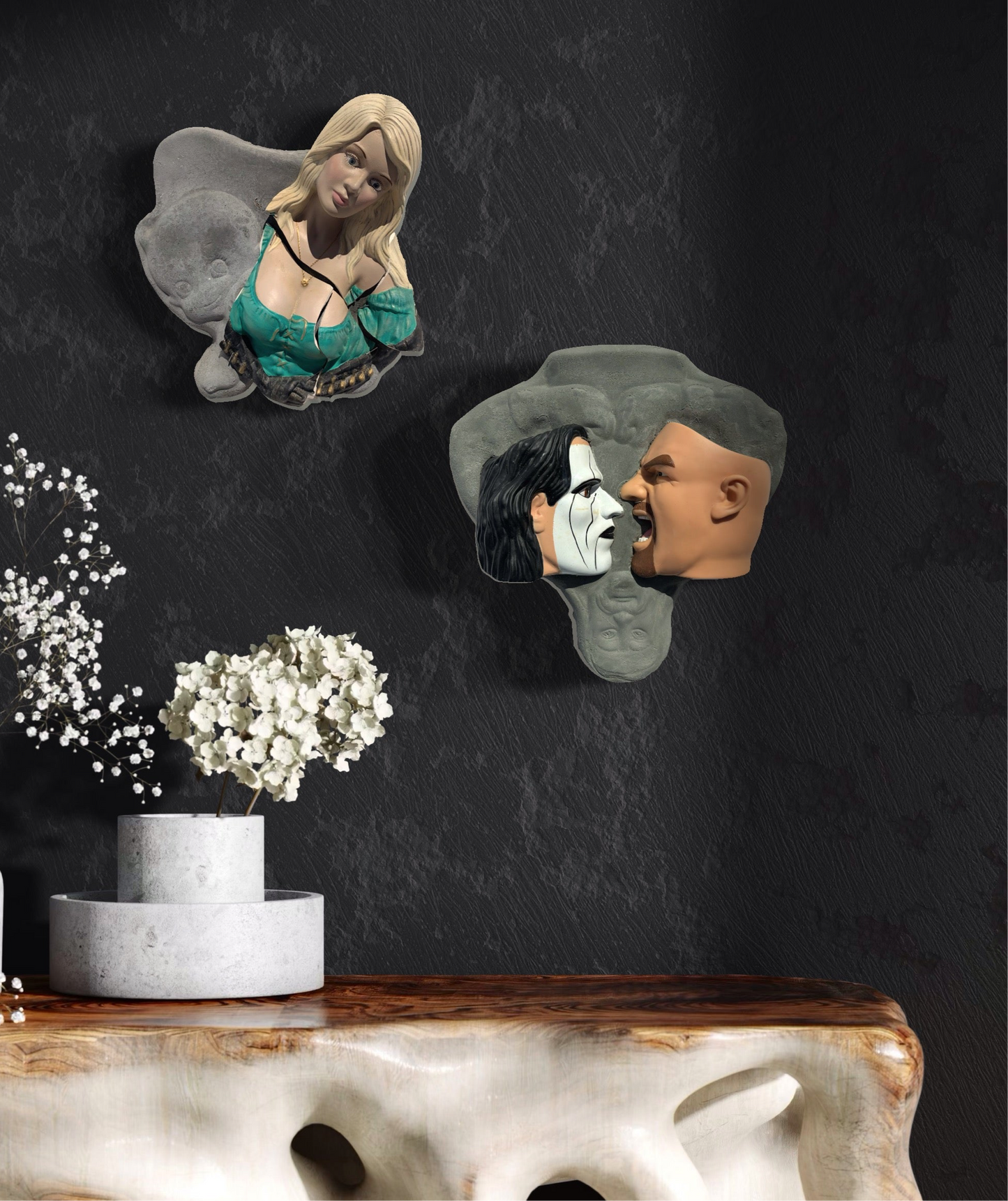 "Bad News": Blonde Woman on Crawling Baby Wall Sculpture