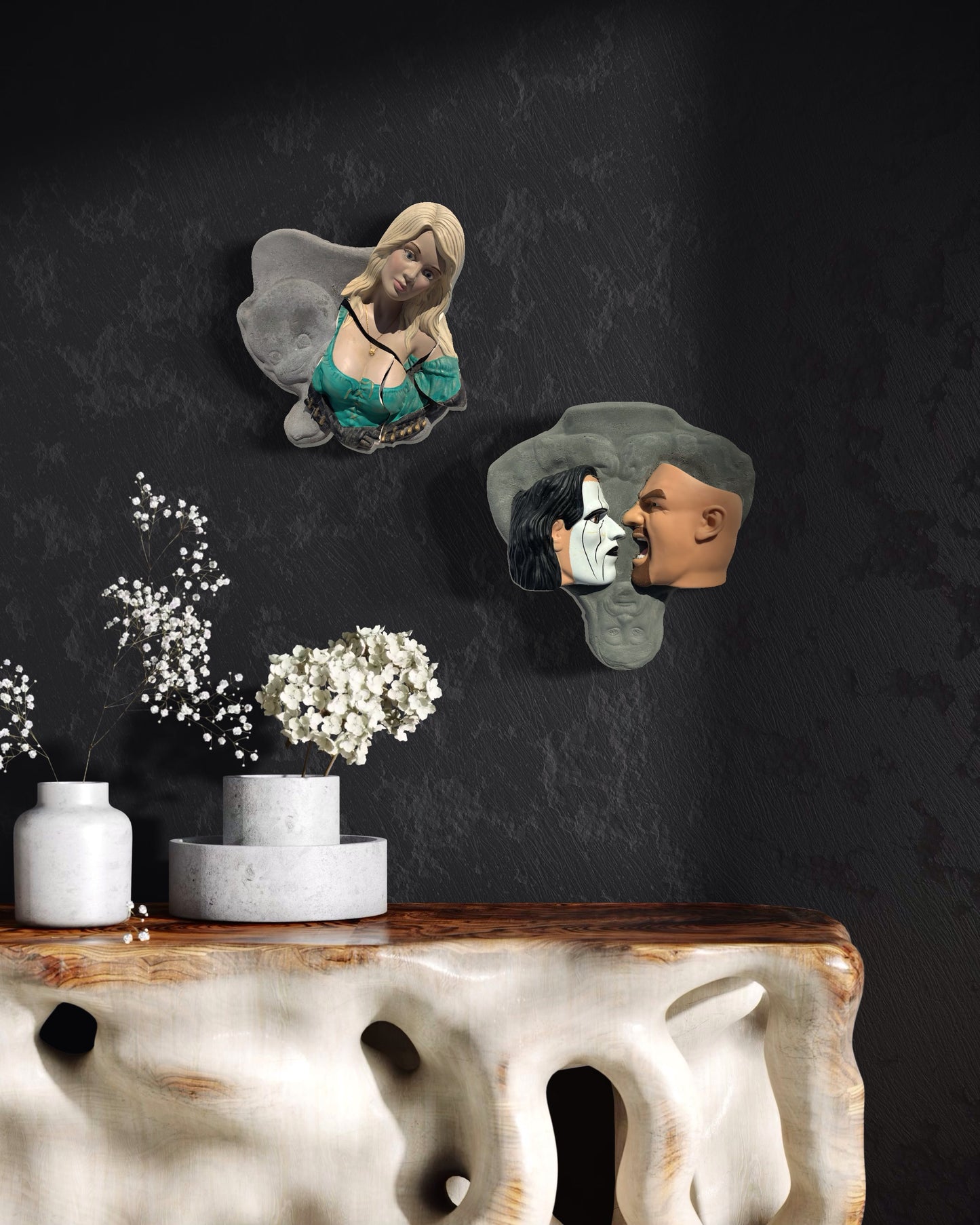 "Bad News": Blonde Woman on Crawling Baby Wall Sculpture