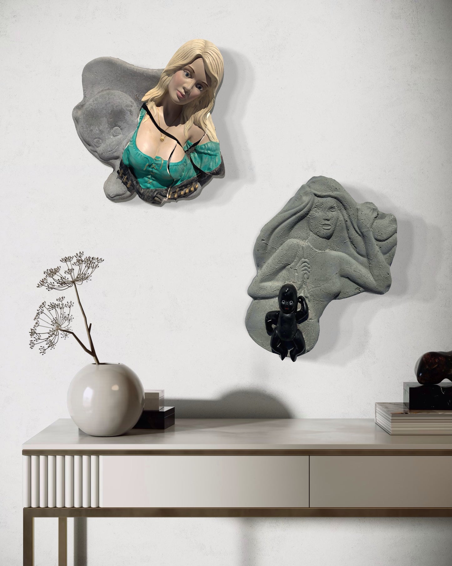 "Bad News": Blonde Woman on Crawling Baby Wall Sculpture