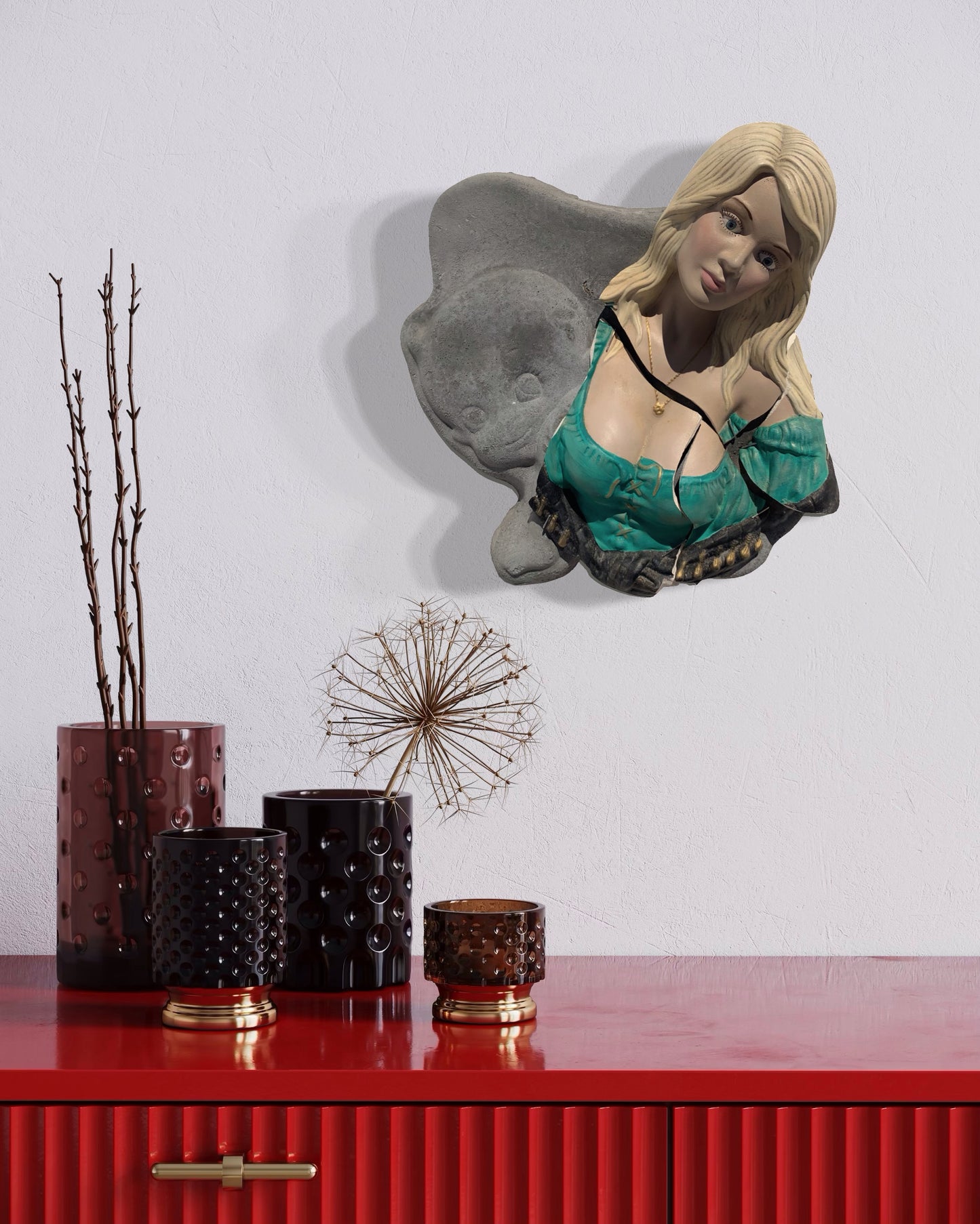 "Bad News": Blonde Woman on Crawling Baby Wall Sculpture