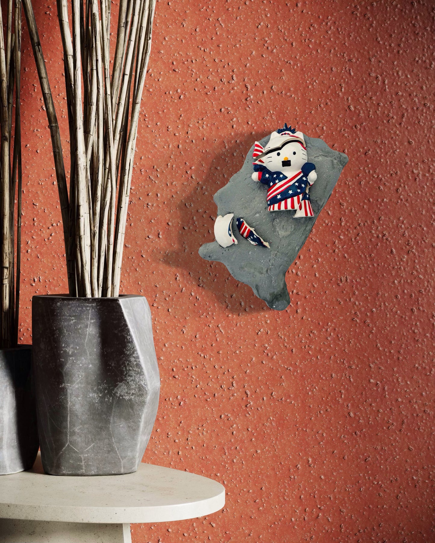 “Kitty Corrupted”: Mustachioed Hello Kitty White on USA Wall Sculpture