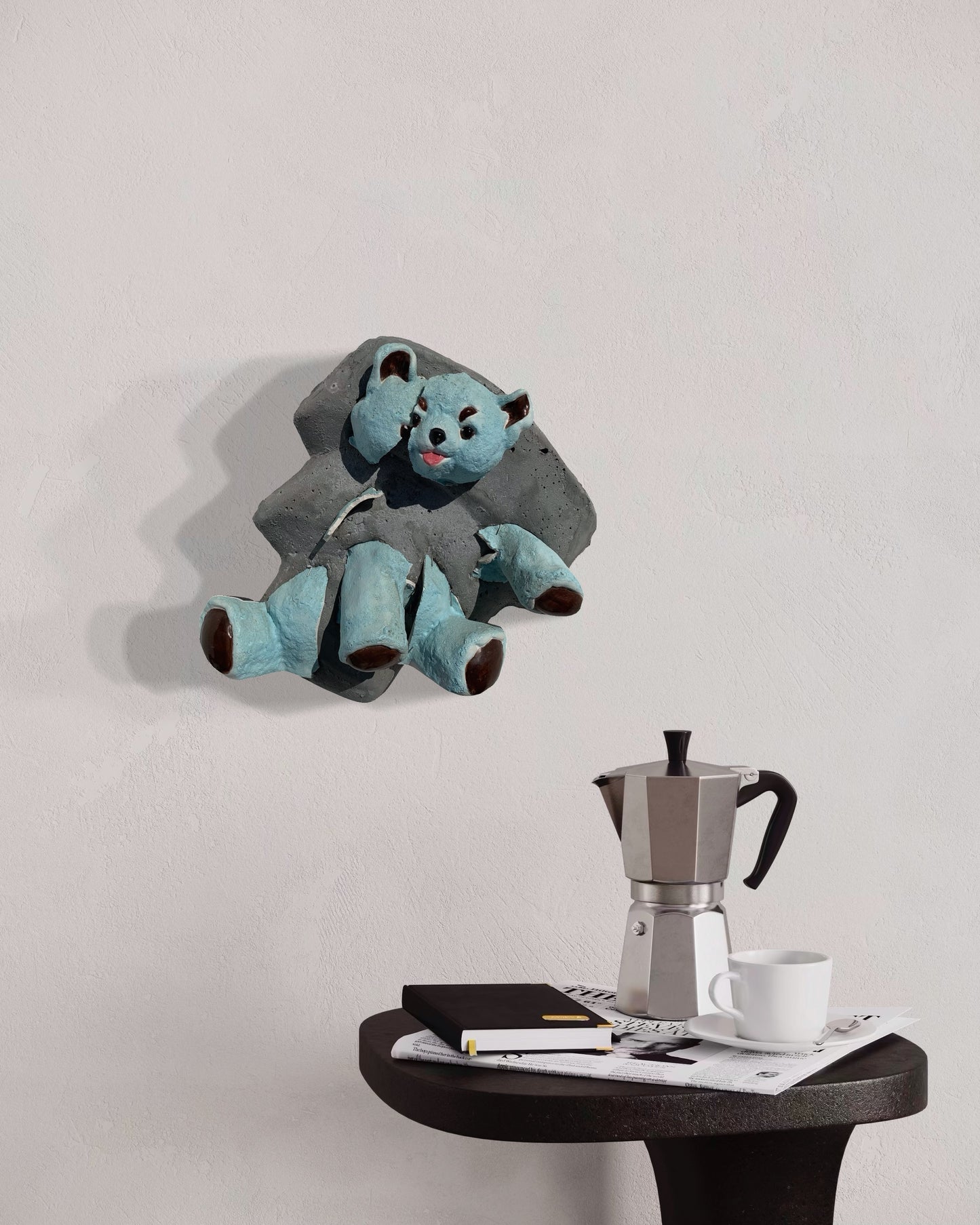 "Teddy's Nemesis": Mean Blue Bear on Whirlwind Wall Sculpture