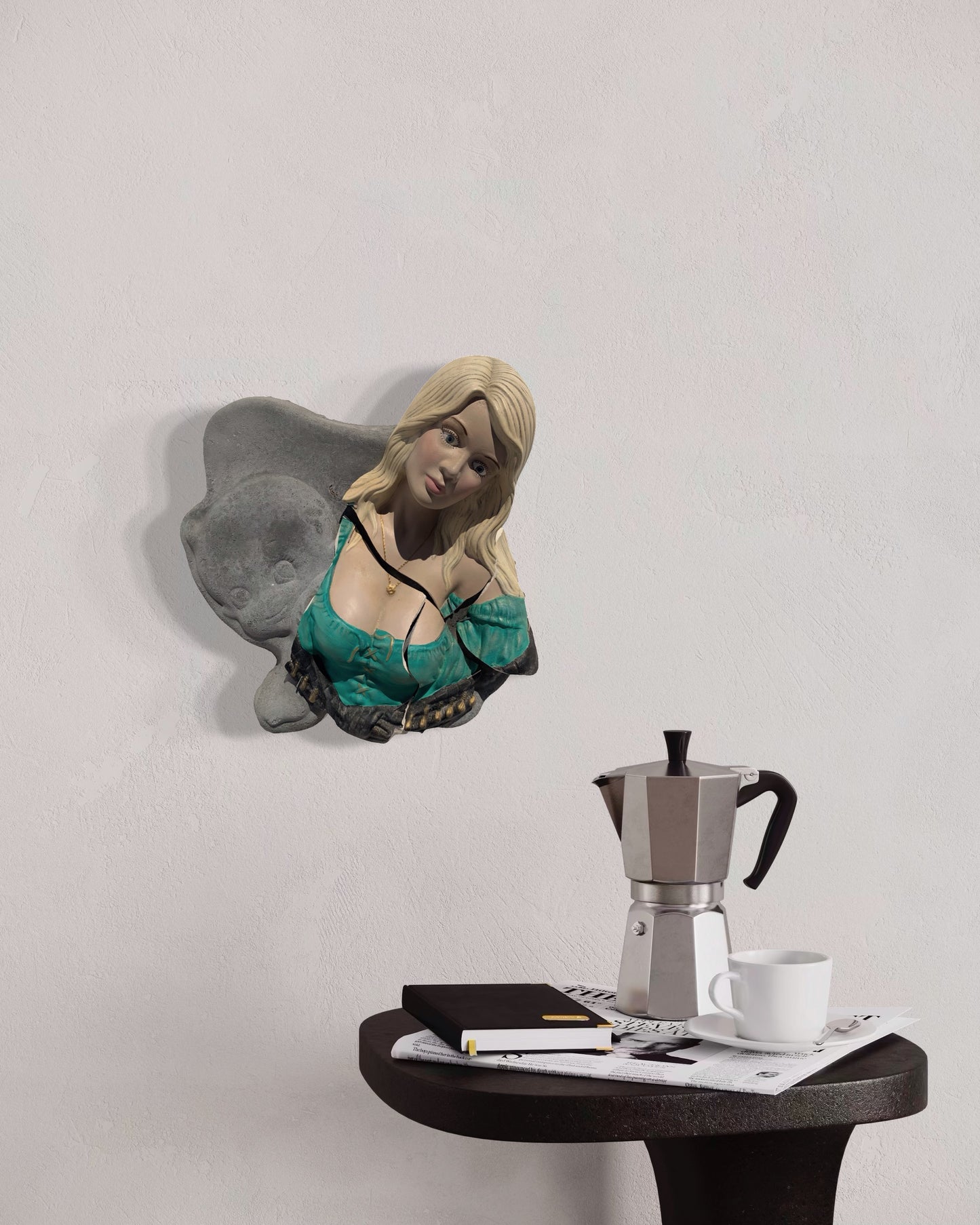 "Bad News": Blonde Woman on Crawling Baby Wall Sculpture