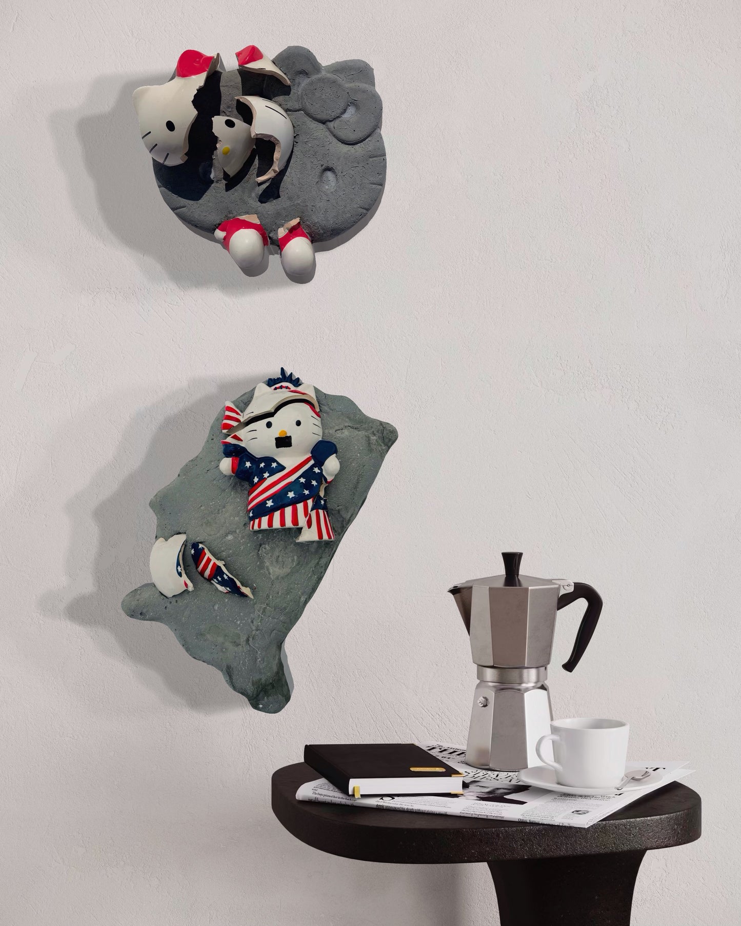 “Kitty Corrupted”: Mustachioed Hello Kitty White on USA Wall Sculpture